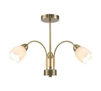 Happy Homewares Contemporary Ceiling Lamp Fitting in Antique Brass with Opal White Floral Petal Glass Shades | 39cm x 52cm | 3 x 7w E14 | Looping Metal Arms