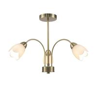 Happy Homewares Contemporary Ceiling Lamp Fitting in Antique Brass with Opal White Floral Petal Glass Shades | 39cm x 52cm | 3 x 7w E14 | Looping Metal Arms