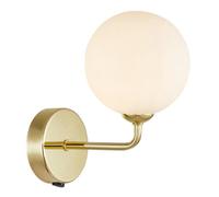 Happy Homewares Contemporary Polished Gold Plated Wall Light with Opal White Round Globe Glass Shade | 24cm x 15cm x 10cm | 1 x 5w G9 | Rocker Switched