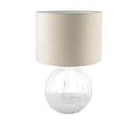 Happy Homewares Contemporary Designer Clear Ribbed Glass Round Table Lamp with Matching White Velvet Drum Shade | 1 x E27 11w Maximum | 42cm Height