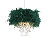 Happy Homewares Contemporary Designer Forest Green Real Feather Chandelier Pendant Light Shade with Transparent Hanging Acrylic Droplets | 32cm Diameter