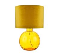Happy Homewares Contemporary Designer Light Ochre Ribbed Glass Round Table Lamp with Mustard Velvet Fabric Drum Shade | 1 x E27 60w Maximum | 42cm Height