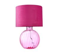 Happy Homewares Contemporary Designer Light Pink Ribbed Glass Round Table Lamp with Matching Velvet Fabric Drum Shade | 1 x E27 60w Maximum | 42cm Height