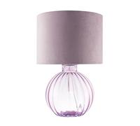 Happy Homewares Contemporary Designer Lilac Ribbed Glass Round Table Lamp with Matching Soft Lilac Velvet Drum Shade | 1 x E27 11w Maximum | 42cm Height