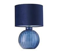 Happy Homewares Contemporary Designer Midnight Blue Ribbed Glass Round Table Lamp with Matching Dark Navy Velvet Drum Shade | 1 x E27 60w Maximum | 42cm Height