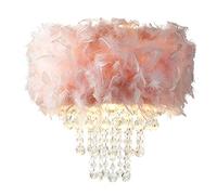 Happy Homewares Contemporary Designer Real Pink Feather Chandelier Pendant Light Shade with Transparent Hanging Acrylic Droplets | 32cm Diameter