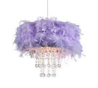 Contemporary Designer Soft Lilac Real Feather Chandelier Pendant Light Shade with Transparent Hanging Acrylic Droplets | 32cm Diameter by Happy Homewares