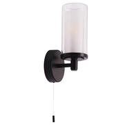 Contemporary Double Glass and Matte Black Metal Bathroom Wall Lamp IP44 Rated with Pull Cord Switch | 1 x Maximum 7w E14 LED Required by Happy Homewares