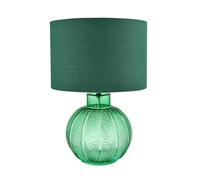Happy Homewares Contemporary Emerald Green Glass Round Table Lamp in Leaf Design with Forest Green Linen Fabric Shade | 41cm x 30cm