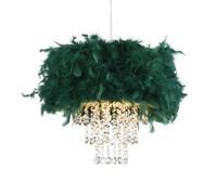 Contemporary Designer Forest Green Real Feather Chandelier Pendant Light Shade with Transparent Hanging Acrylic Droplets | 32cm Diameter by Happy Homewares