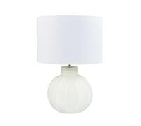 Happy Homewares Contemporary Opal White Glass Round Table Lamp in Leaf Design with Ivory White Linen Fabric Shade | 41cm x 30cm