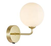 Contemporary Polished Gold Plated Wall Light with Opal White Round Globe Glass Shade | 24cm x 15cm x 10cm | 1 x 5w G9 | Rocker Switched by Happy Homewares