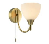 Happy Homewares Contemporary Pull Switched Wall Light Fixture in Antique Brass with Opal White Glass Shade | 1 x 7w E14 | 18cm x 21cm x 11cm