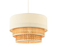 Contemporary Triple Tier Cream Linen Fabric and Natural Rattan Sections Pendant Light Shade | 17cm x 30cm | Vintage Sleek Style by Happy Homewares