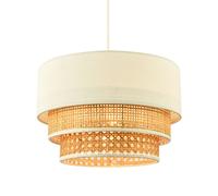 Happy Homewares Contemporary Triple Tier Cream Linen and Natural Rattan Pendant Shade