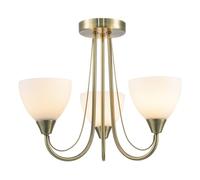 Happy Homewares Designer Antique Brass Three Arm Ceiling Light Fitting with Opal White Glass Shades | 38cm x 35cm | 3 x 7w E14 | Double Metal Arms