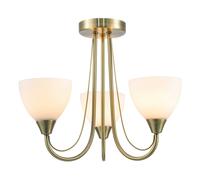 Happy Homewares Designer Antique Brass Three Arm Ceiling Light Fitting with Opal White Glass Shades | 38cm x 35cm | 3 x 7w E14 | Double Metal Arms