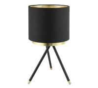 Happy Homewares Designer Black Tripod Table Lamp with Brushed Gold Metal Ring and Cotton Fabric Drum Shade with Golden Inner | 35cm x 19cm