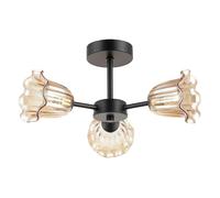 Happy Homewares Designer Matte Black Ceiling Light With Amber Floral Glass Shades