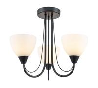 Happy Homewares Designer Matte Black Three Arm Ceiling Light Fitting with Opal White Glass Shades | 38cm x 35cm | 3 x 7w E14 | Double Metal Arms