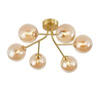 Happy Homewares Designer Satin Gold 6-Arm Ceiling Light Fixture With Amber Tinted Glass Shades