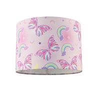 Happy Homewares Feminine and Cute Pink Lamp Shade with Colourful Butterflies and Rainbows | 25cm x 18cm | Features Inner White Cotton Fabric Lining