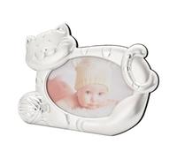 Happy Homewares Fun Smiling Cat Themed Satin Silver Metal Picture Frame with String Ball Decor | Holds 5x3 Inch Photograph | Black Felt Backing