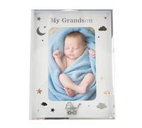 Happy Homewares My Grandson Silver Plated 4x6 Picture Frame with Gold and Silver Foil Stars and Clouds | Silver Pram with Clear Diamantes | Wall or Table
