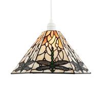 Green Dragonfly Tiffany Glass Pendant Light Shade with Hexagonal Shape | Amber and Purple Stained Glass Panels with Clear Gems by Happy Homewares