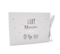 Happy Homewares Grey Baby Shower Guest Book with Silver Plated Rattle Pram and Booties