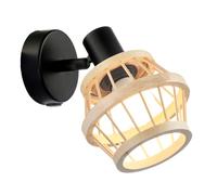 Happy Homewares Industrial and Classic Black Switched Wall Light with Adjustable Brown Bamboo Framed Shade | 1 x E14 10w Maximum | 20cm x 12cm x 12cm