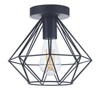 Happy Homewares Industrial Basket Cage Designed Matt Black Metal Semi Flush Ceiling Light Fitting | 60w Maximum | 25cm Height | Dimmable