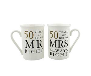 Happy Homewares Ivory White 50th Anniversary Mr Right & Mrs Always Right Ceramic Mug Gift Set