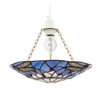 Traditional Lavender Light Purple Dragonfly Tiffany Glass Easy Fit Pendant Light Shade | 30cm x 5cm | Antique Brass Supporting Chains by Happy Homewares