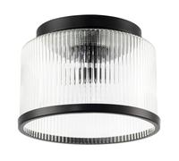 Happy Homewares Matte Black IP44 Rated Bathroom Ceiling Light with Clear Ribbed Glass Circular Shade | 26cm x 19cm | Compact Flush Mount Design