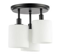 Happy Homewares Matte Matte Black Semi Flush Ceiling Light with Fluted Opal White Glass Shades | 27cm x 27cm x 27cm | Art Deco and Mid Century Design