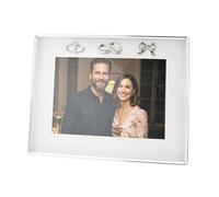 Happy Homewares Modern 5x7 Picture Frame in Silver Plating with Rings and Hearts Icons with Clear Diamante Crystals | Wedding Engagement or Anniversary