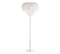 Modern and Chic Real Grey Feather Chandelier Style Floor Lamp with Waterfall Clear Acrylic Droplets | Chrome Metal Base and Stem by Happy Homewares
