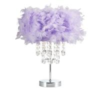 Happy Homewares Modern and Chic Real Lilac Feather Chandelier Style Table Lamp with Waterfall Clear Acrylic Droplets | Chrome Metal Base and Stem