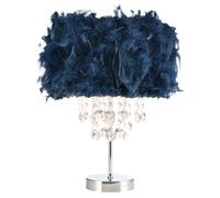 Happy Homewares Modern and Chic Real Midnight Blue Feather Chandelier Style Table Lamp with Waterfall Clear Acrylic Drops | Chrome Metal Base and Stem