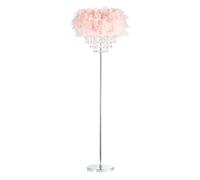 Happy Homewares Modern and Chic Real Pink Feather Chandelier Style Floor Lamp with Waterfall Clear Acrylic Droplets | Chrome Metal Base and Stem | 60w Max E27 Bulb