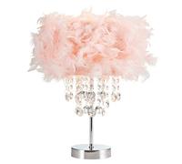 Happy Homewares Modern and Chic Real Pink Feather Chandelier Style Table Lamp with Waterfall Clear Acrylic Droplets | Chrome Metal Base and Stem | 40w Max E27 Bulb