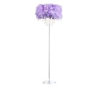 Modern and Chic Real Soft Lilac Feather Chandelier Style Floor Lamp with Waterfall Clear Acrylic Droplets | Chrome Metal Base and Stem by Happy Homewares