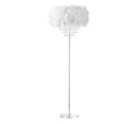 Happy Homewares Modern and Chic Real White Feather Chandelier Style Floor Lamp with Waterfall Clear Acrylic Droplets | Chrome Metal Base and Stem