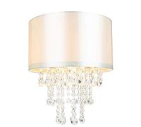 Happy Homewares Modern and Eye-Catching Cream Satin Fabric Pendant Light Shade with Hanging Transparent Acrylic Droplets | 30cm Diameter