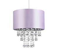 Happy Homewares Modern and Eye-Catching Lilac Satin Fabric Pendant Light Shade with Hanging Transparent Acrylic Droplets | 30cm Diameter
