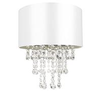 Happy Homewares Modern and Eye-Catching White Satin Fabric Pendant Light Shade with Hanging Transparent Acrylic Droplets | 30cm Diameter