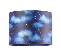 Happy Homewares Modern ands Cute Navy Midnight Blue Childrens Round Drum Lamp Shade with Bright Golden Stars and Fluffy White Clouds | 25cm Diameter | 60w Maximum