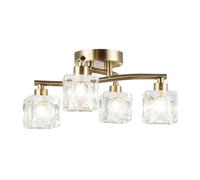 Happy Homewares Modern and Stylish 4-Bulb Antique Brass Plated Ceiling Light with Clear Square Ice Cube Glass Shades | 4 x 33w Maximum | 35cm x 35cm