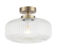 Happy Homewares Modern Bathroom Ceiling Light with Clear Ribbed Fluted Glass in Matte Antique Brass | 21cm x 27cm | Compact Semi Flush Shape